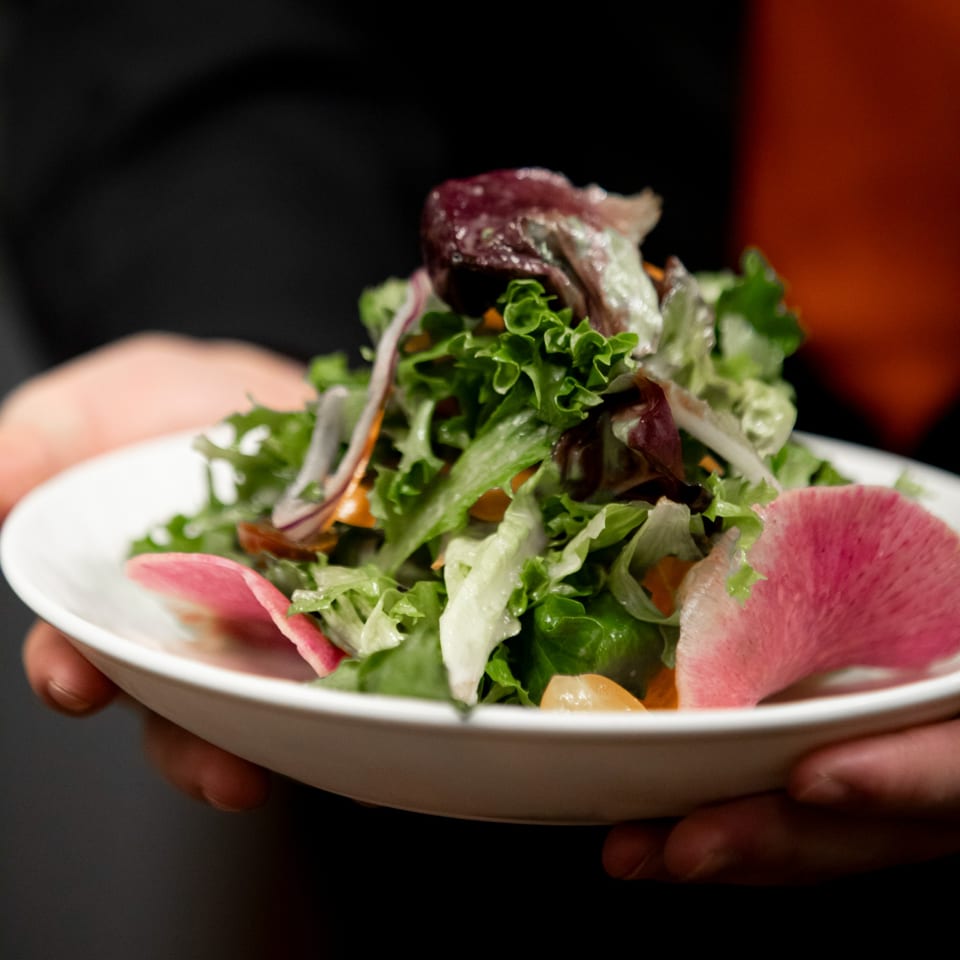 A fresh Italian salad with mixed greens, red onion, and radish slices in a white bowl.